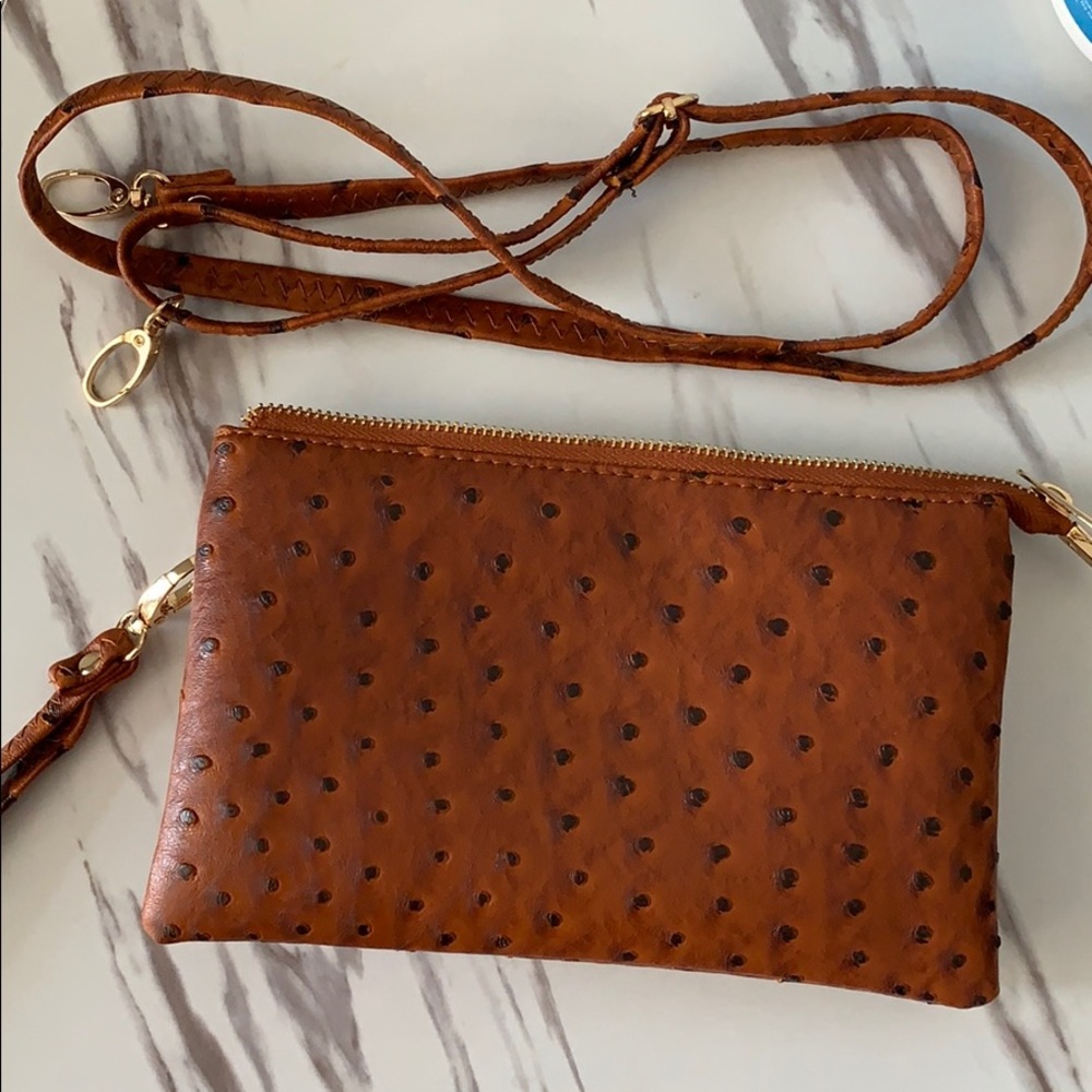 Brown ostrich wristlet/crossbody